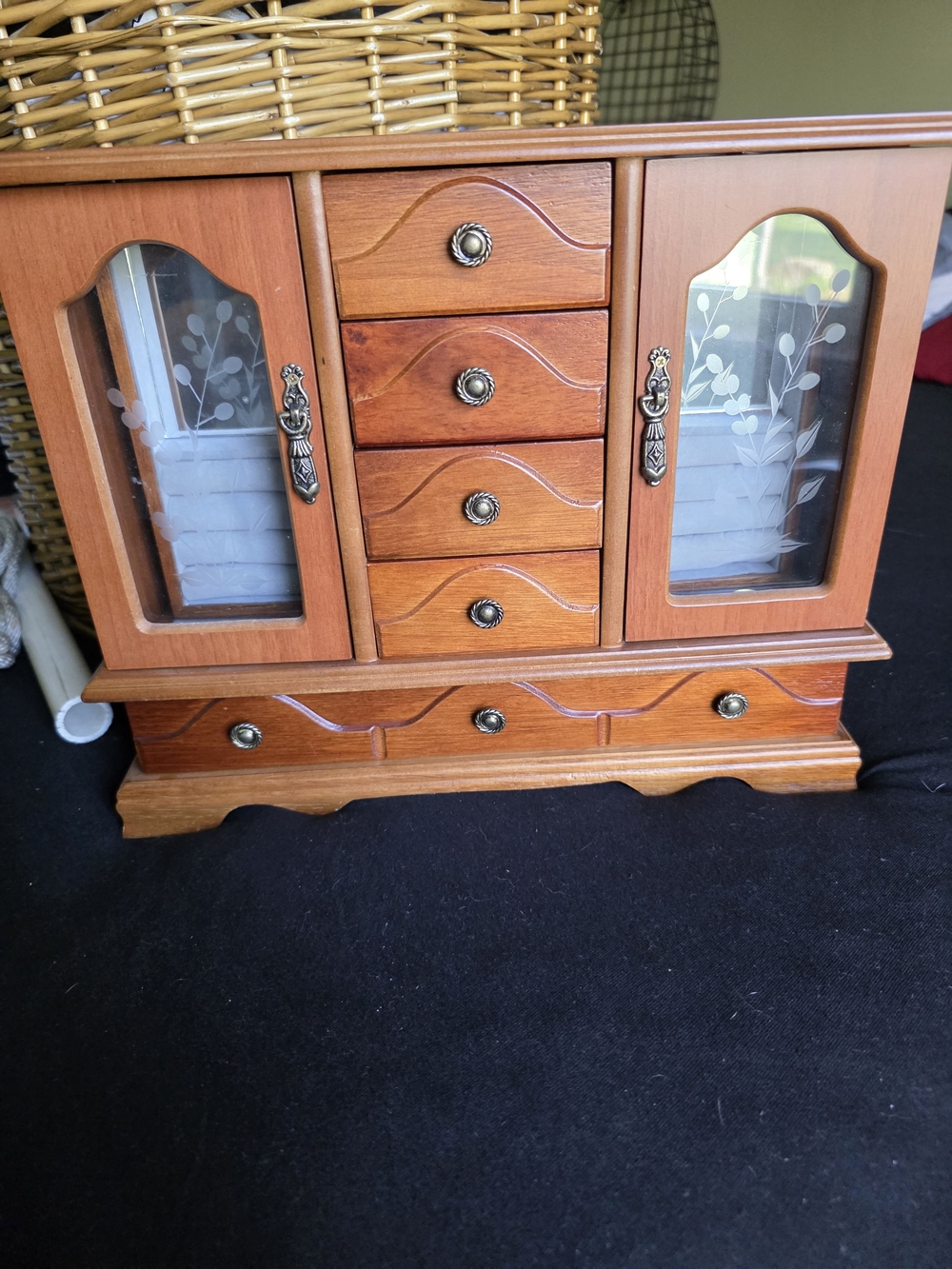 Wood-tone Jewelry Armoire with Etched Glass Doors